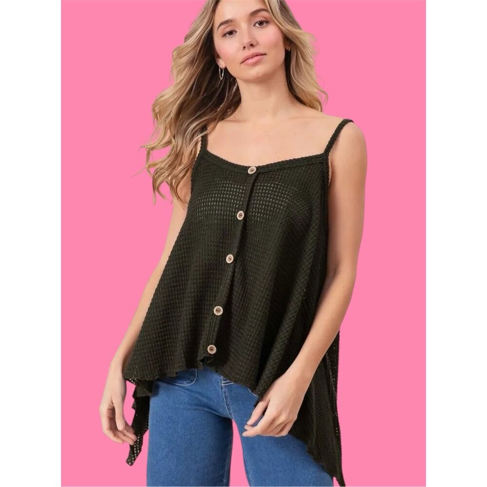 BiBi Popcorn Waffle Knit Cami Top Button Front Flowy Swing Tank Black Boho